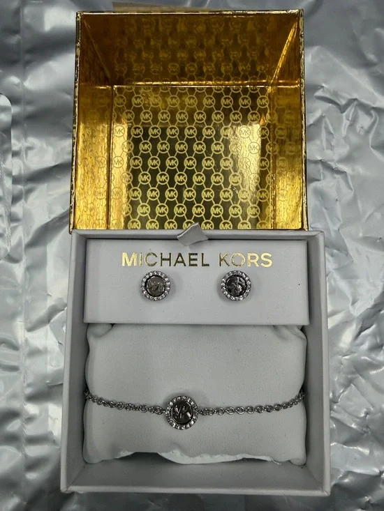 Michael Kors Silver-Tone Logo Bracelet and Crystal Halo Stud Earrings - Picture 1 of 4